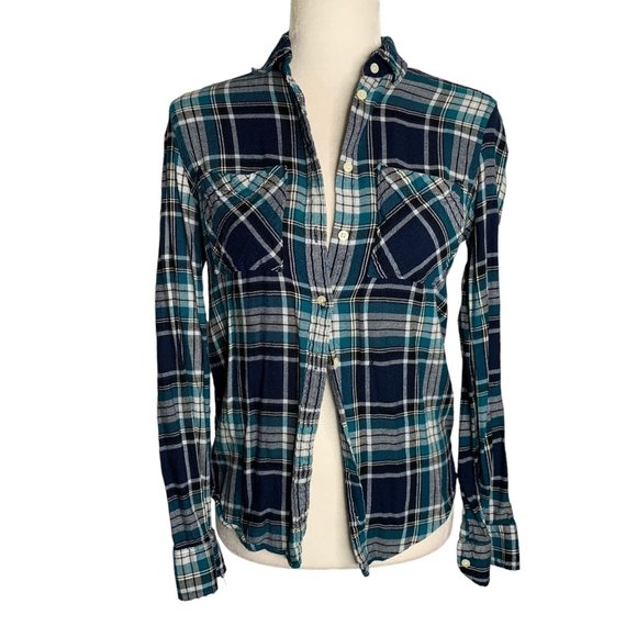 Aeropostale Tops - Aeropostale Lightweight Button Up Flannel Shirt S Blue Green Plaid Pockets